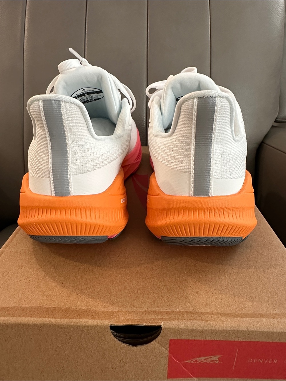 Altra White Running Shoes with Orange and Pink Gradient Sole - Picture 7 of 14